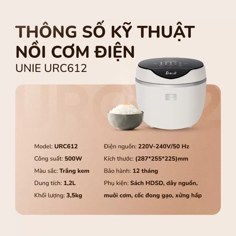 Nồi cơm điện tử UNIE URC612-lòng nồi inox, 12 chế độ cài đặt sẵn 1.2L - Ảnh 8