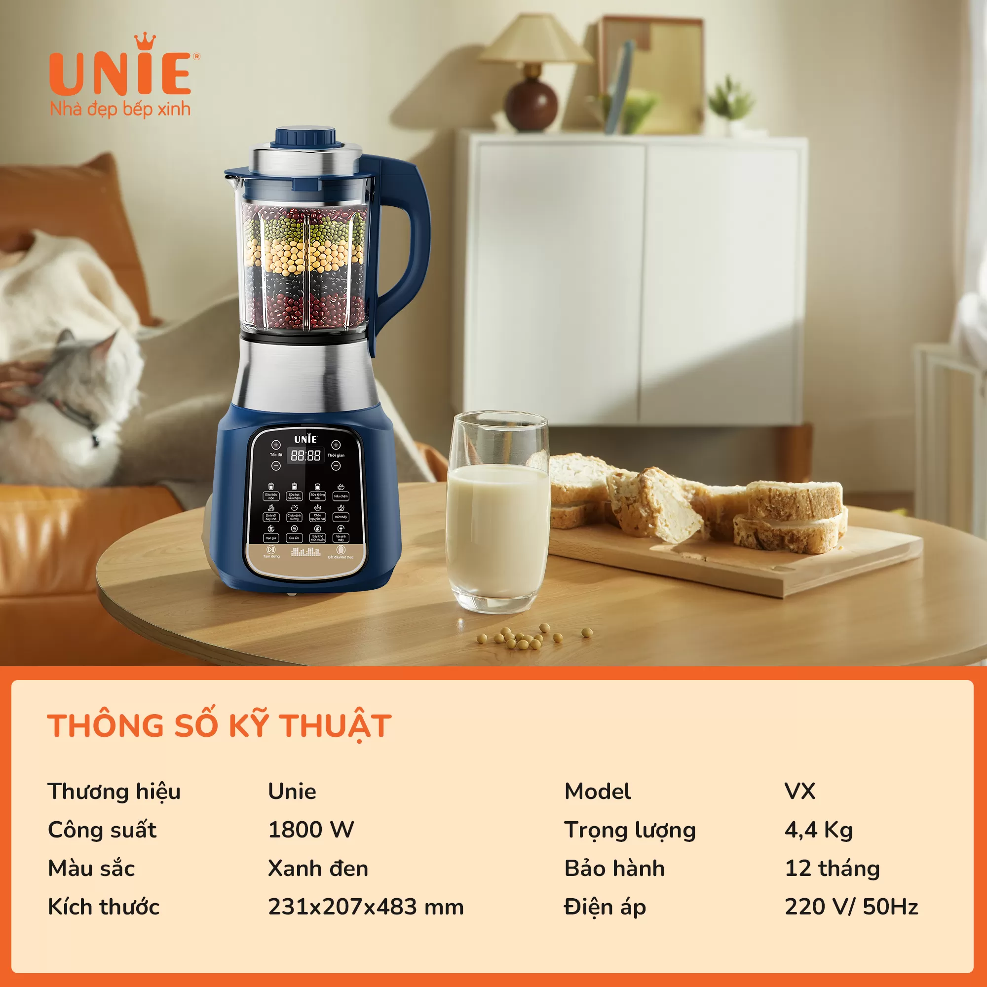 Máy làm sữa hạt UNIE VX dung tích 1.75L, 14 chức năng nấu - Ảnh 9