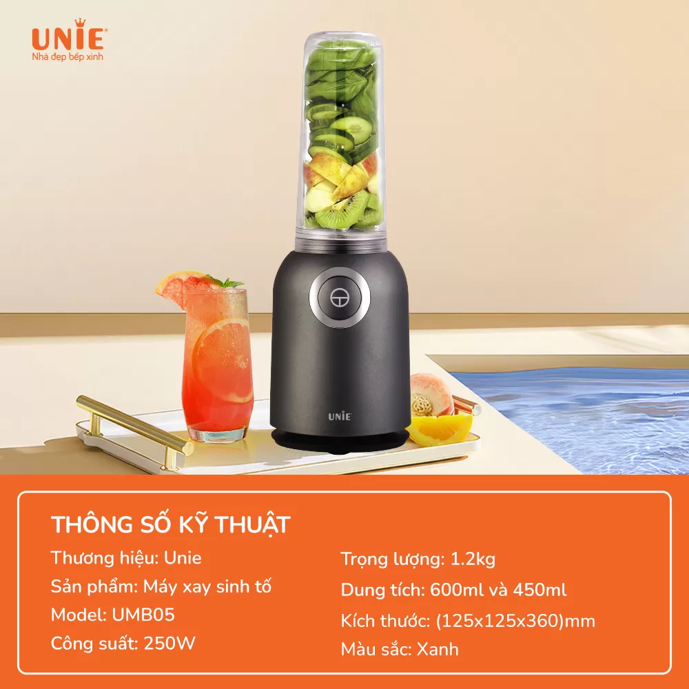 Máy Xay Sinh Tố UNIE UMB05 nhỏ gọn, lưỡi dao 4 cánh bằng inox - Ảnh 6