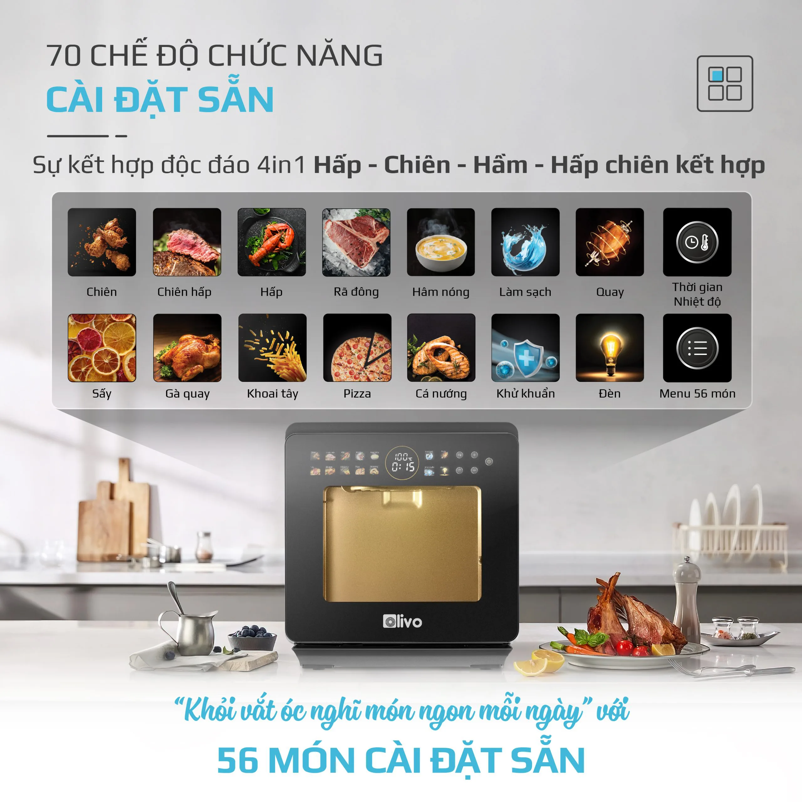 Nồi Chiên Hấp Đa Năng OLIVO SF1600 – Màn hình OLED hiện đại, 70 chế độ cài sẵn-16L - Ảnh 9
