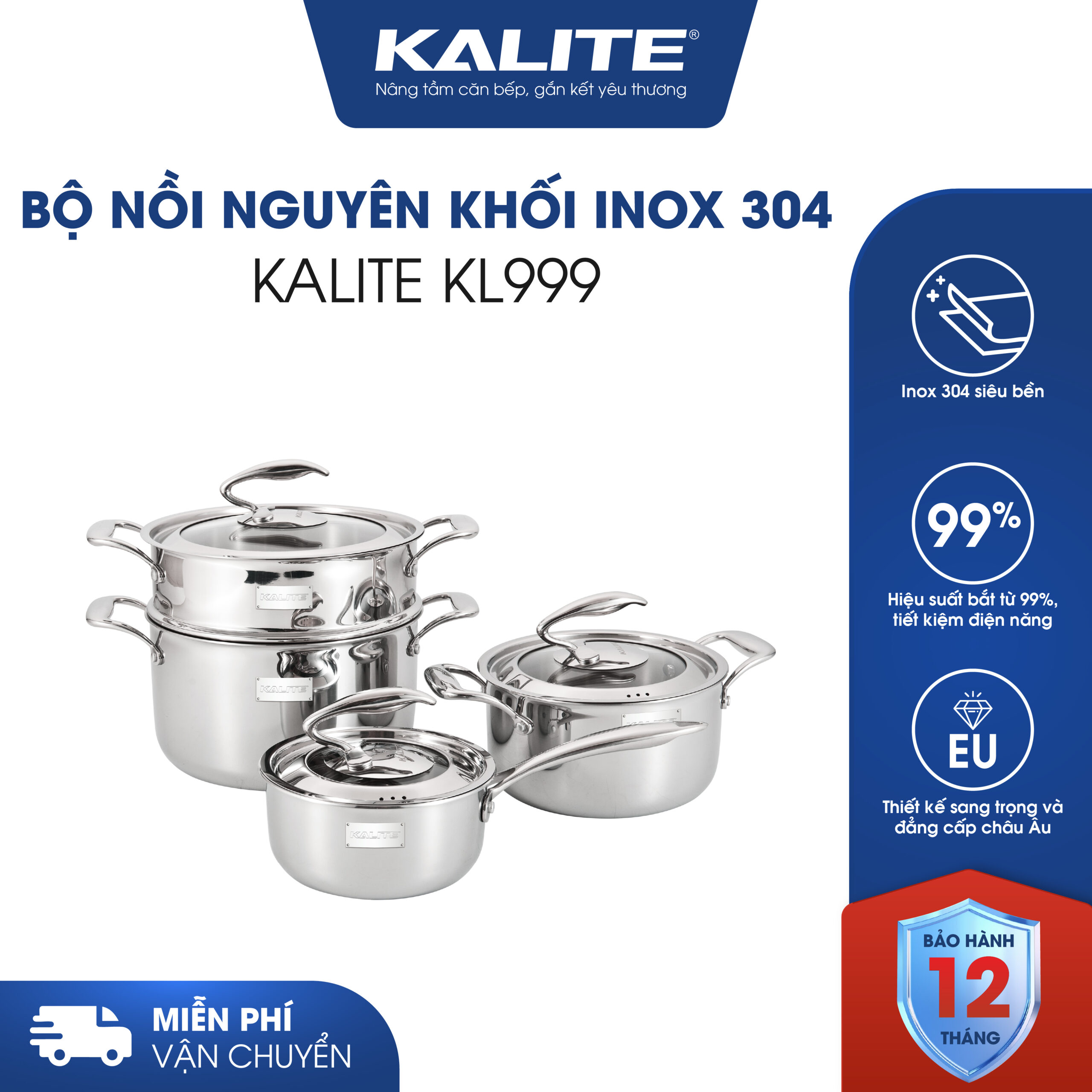 Bộ nồi nguyên khối inox 304 Tripro Kalite KL999 siêu bền
