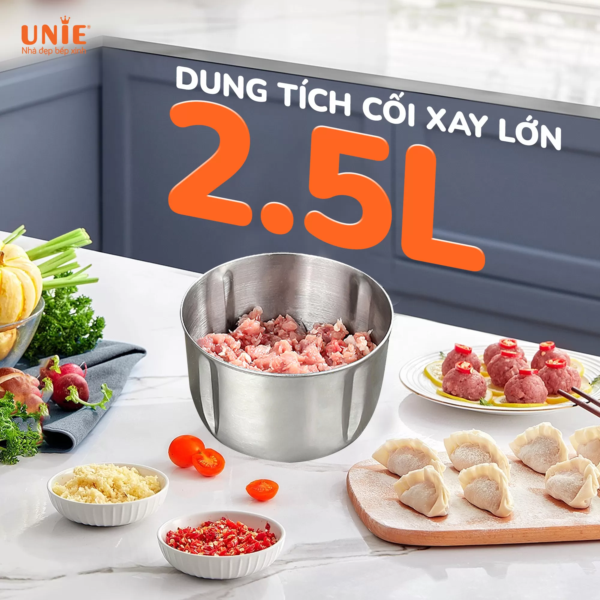 Máy xay thịt Unie UE226 - 300W, 2 cối inox 2.5L, lưỡi dao 4 cánh, 2 tốc độ xay - Ảnh 2