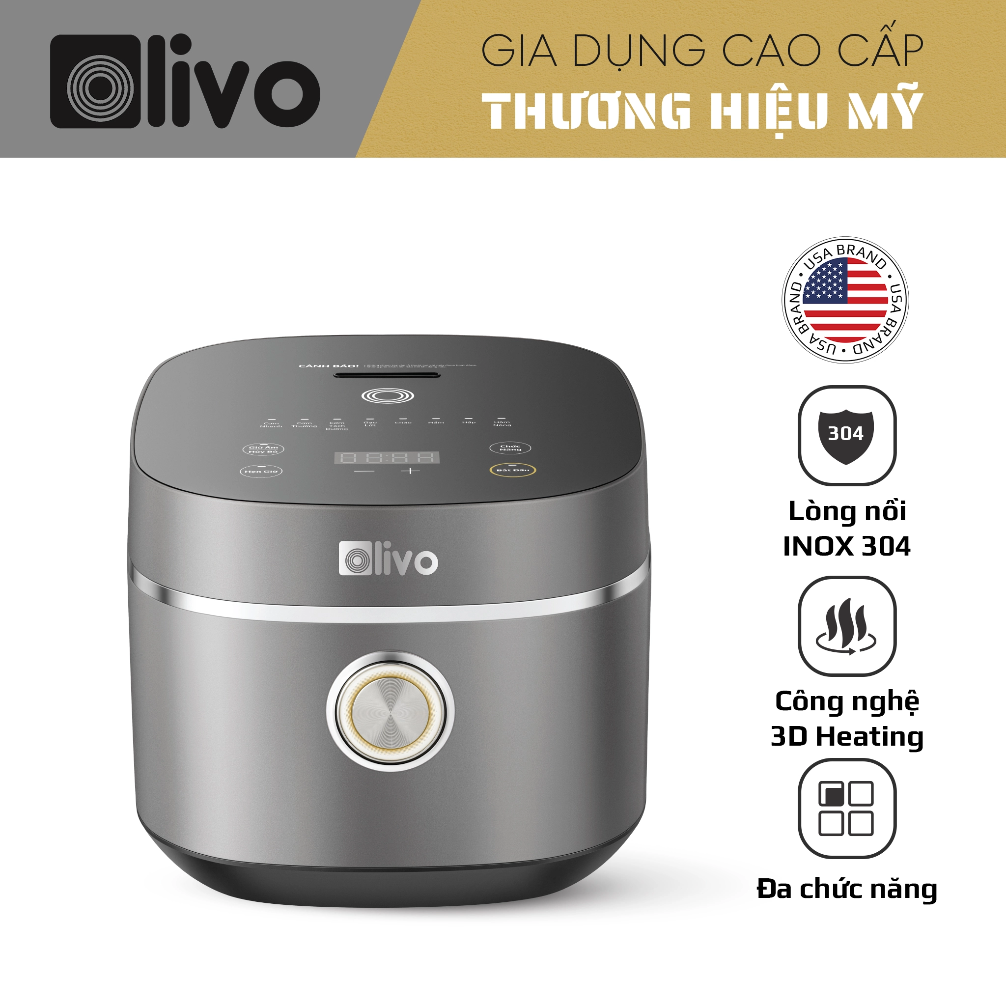 Nồi Cơm Điện OLIVO RC86 Titanium – Lòng Nồi INOX 304 Chống Dính Tự Nhiên