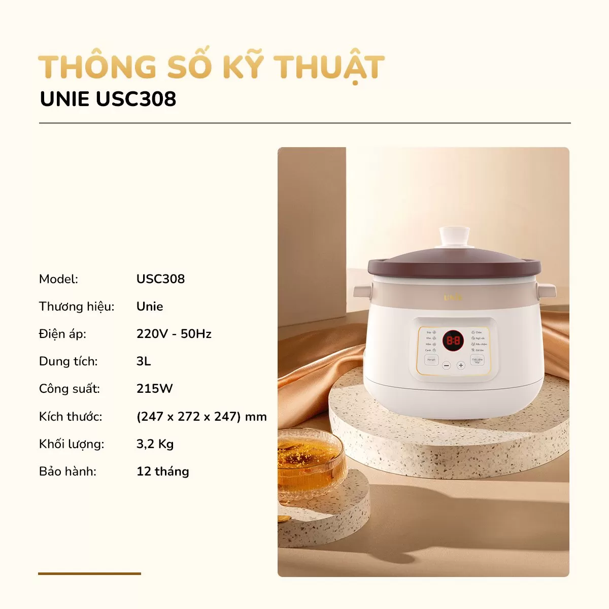 Nồi kho hầm đa năng UNIE USC308, lòng nồi gốm tử sa, 8 chức năng kho hầm-3L - Ảnh 5