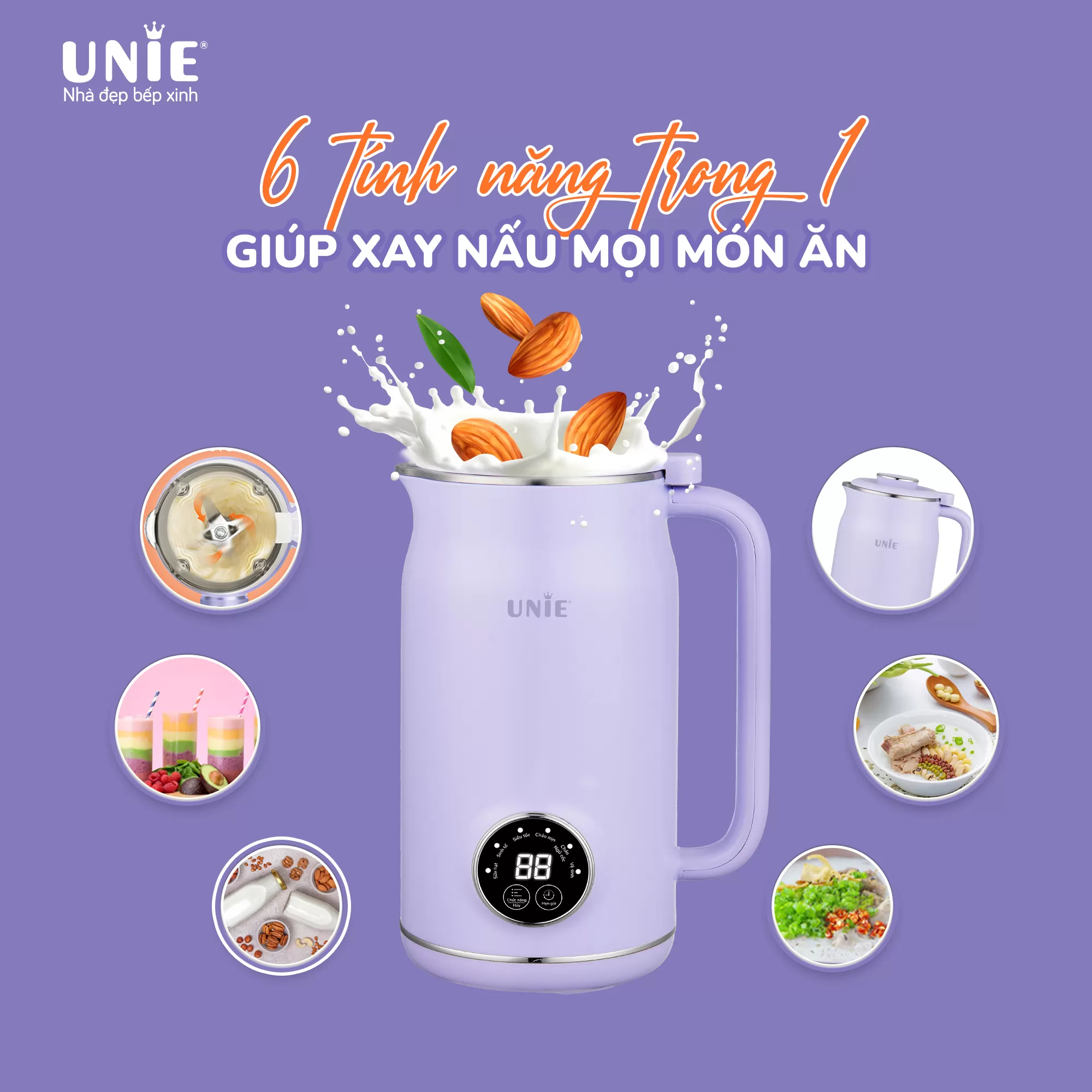 Máy làm sữa hạt UNIE UMB06, 6 chức năng xay nấu, chất liệu inox 304-600ml - Ảnh 2