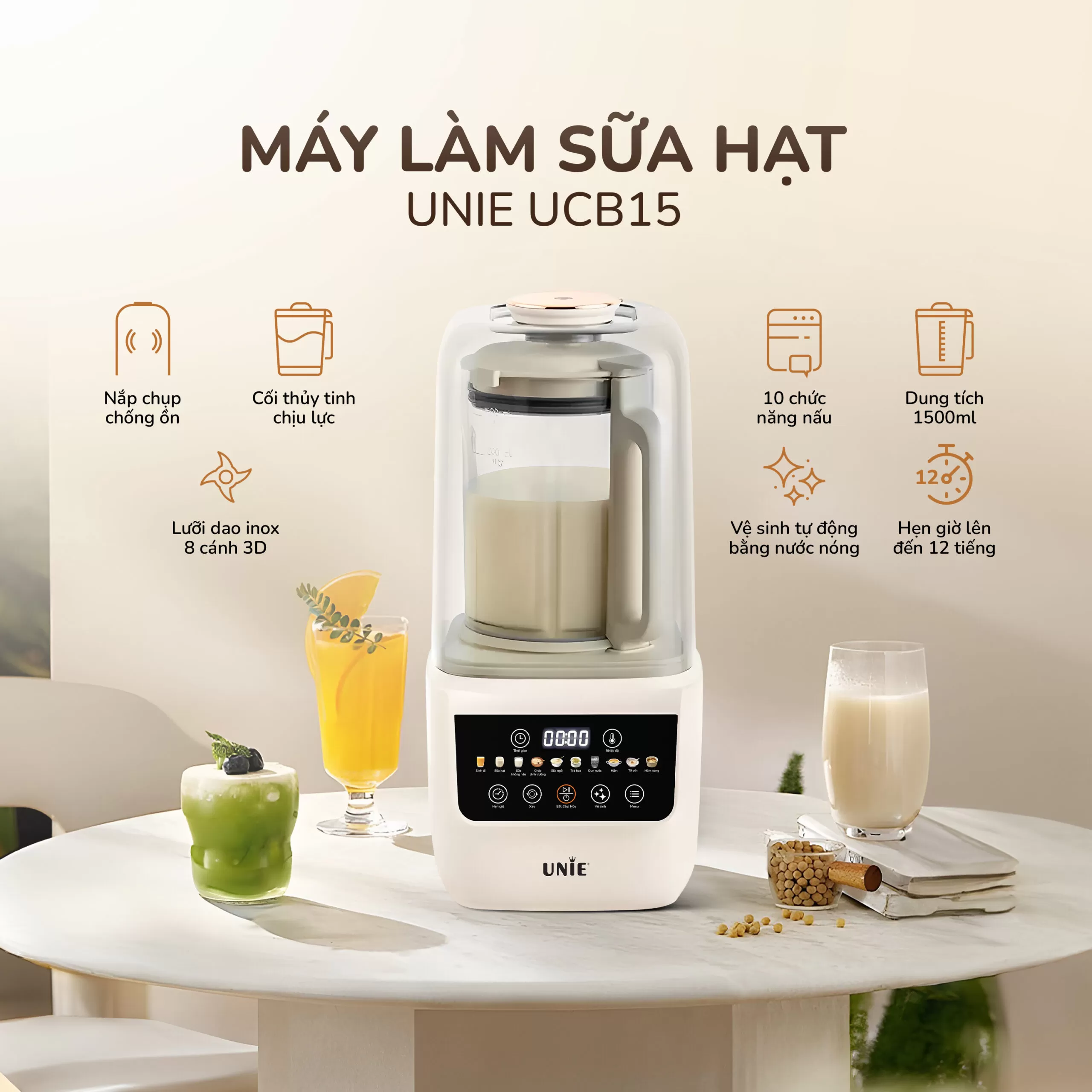 Máy làm sữa hạt UNIE UCB15, giảm ồn 30%, 10 chức năng nấu-1.5L - Ảnh 2