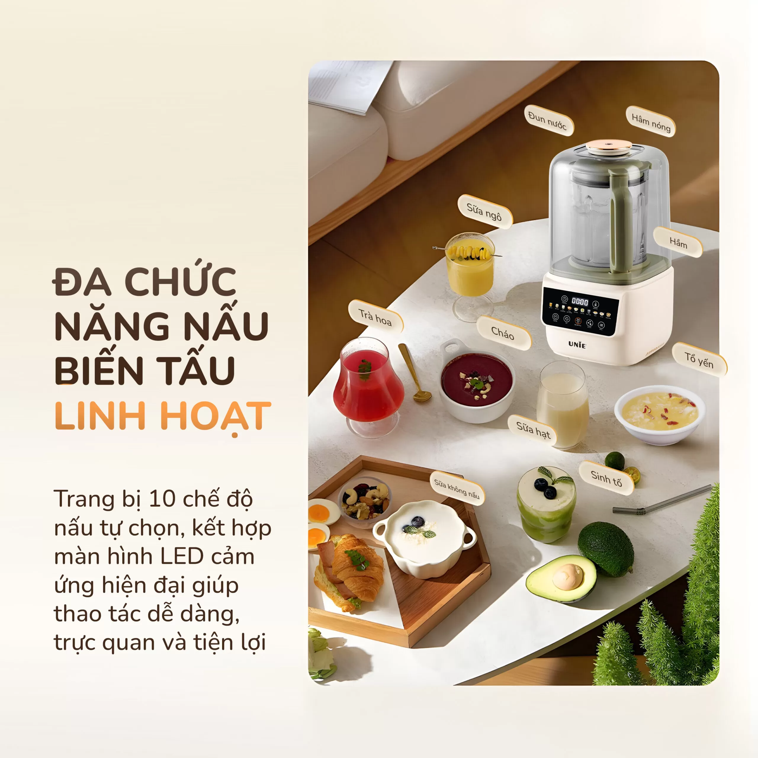 Máy làm sữa hạt UNIE UCB15, giảm ồn 30%, 10 chức năng nấu-1.5L - Ảnh 3