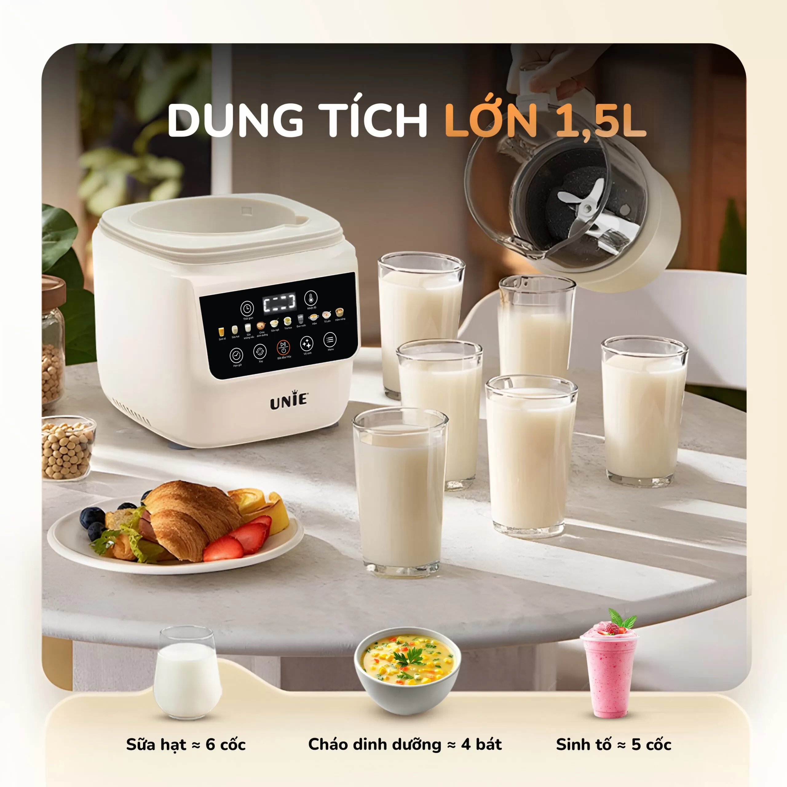 Máy làm sữa hạt UNIE UCB15, giảm ồn 30%, 10 chức năng nấu-1.5L - Ảnh 7