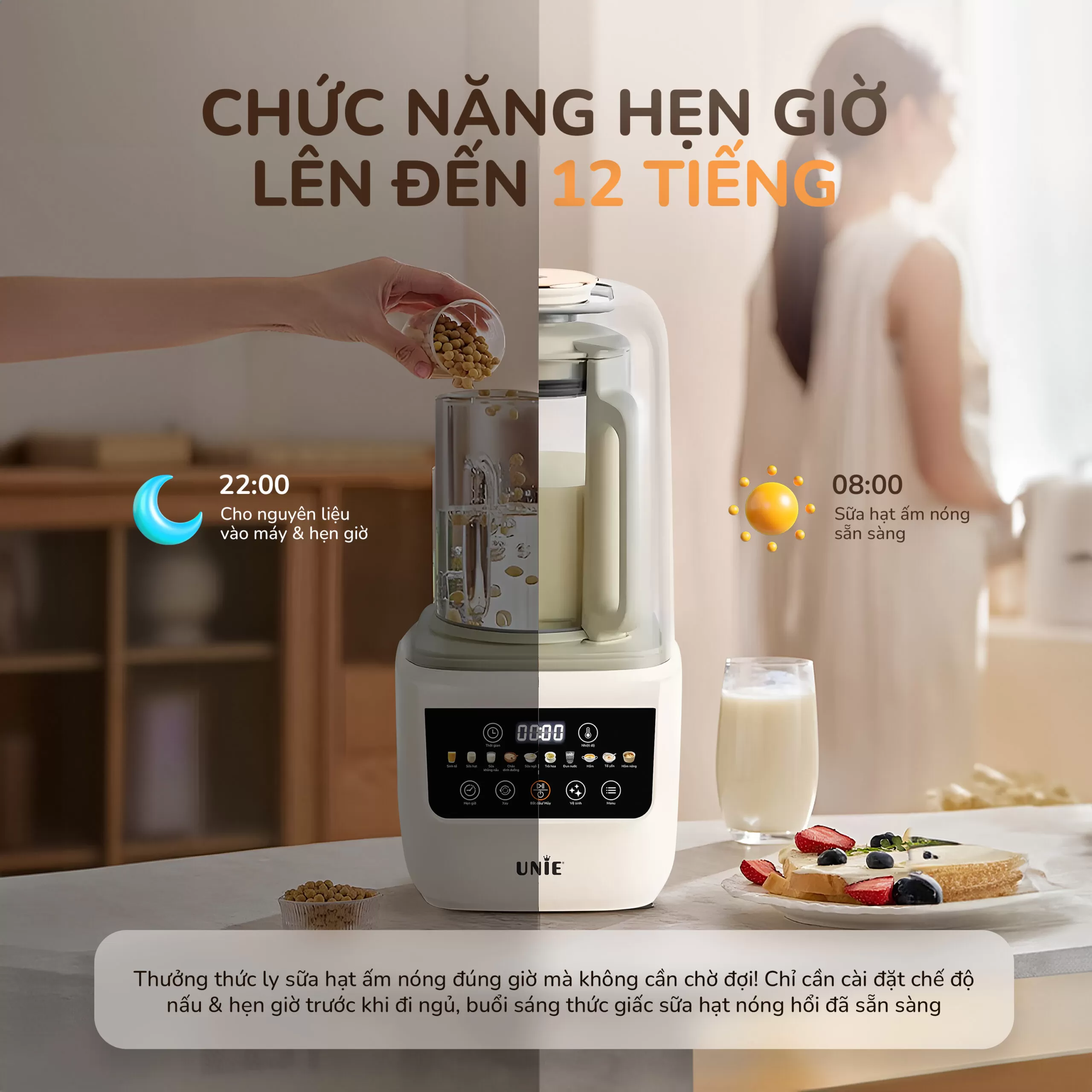 Máy làm sữa hạt UNIE UCB15, giảm ồn 30%, 10 chức năng nấu-1.5L - Ảnh 11