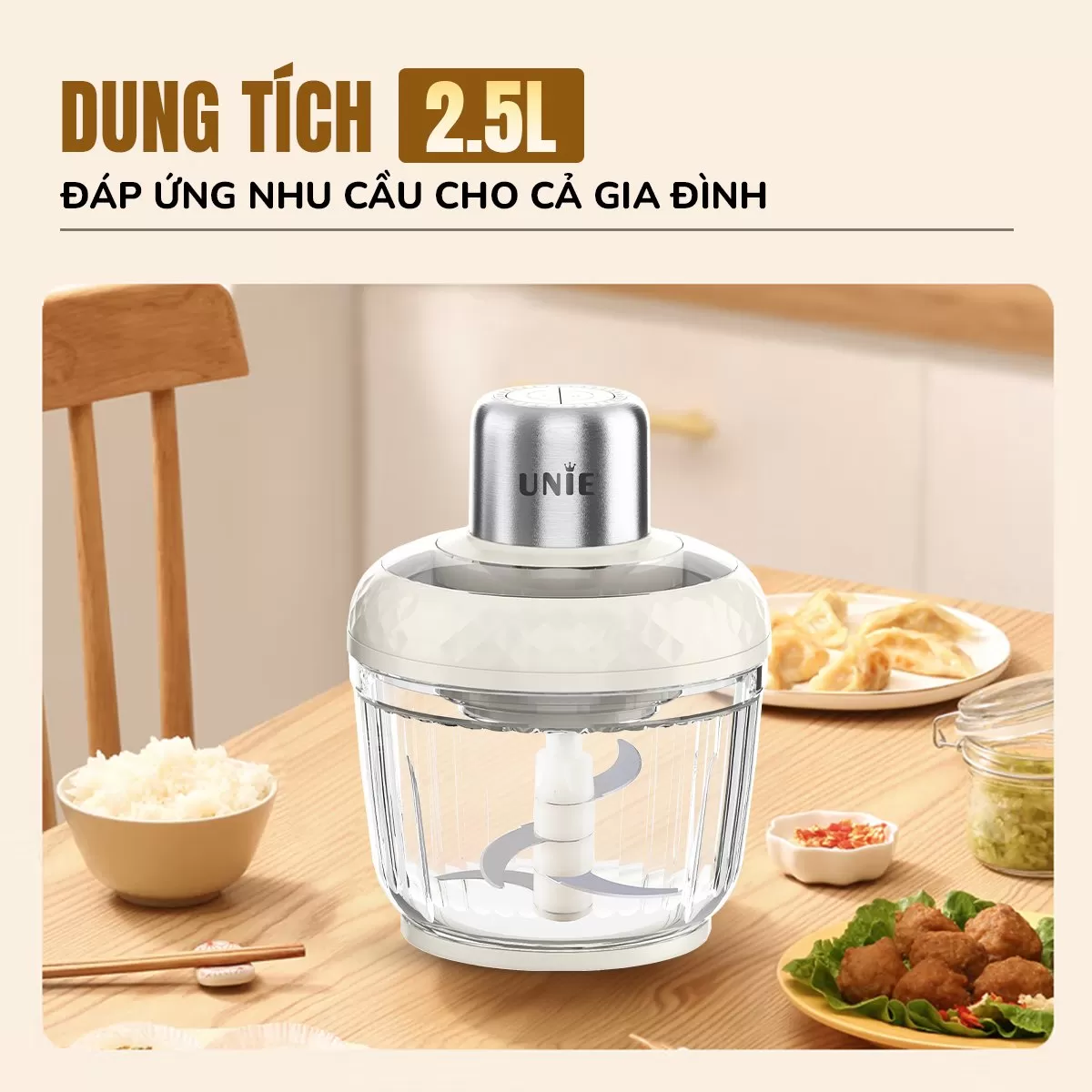 Máy xay thịt UNIE UM366 dung tích 2,5L, 2 cối xay thủy tinh tiện lợi - Ảnh 3