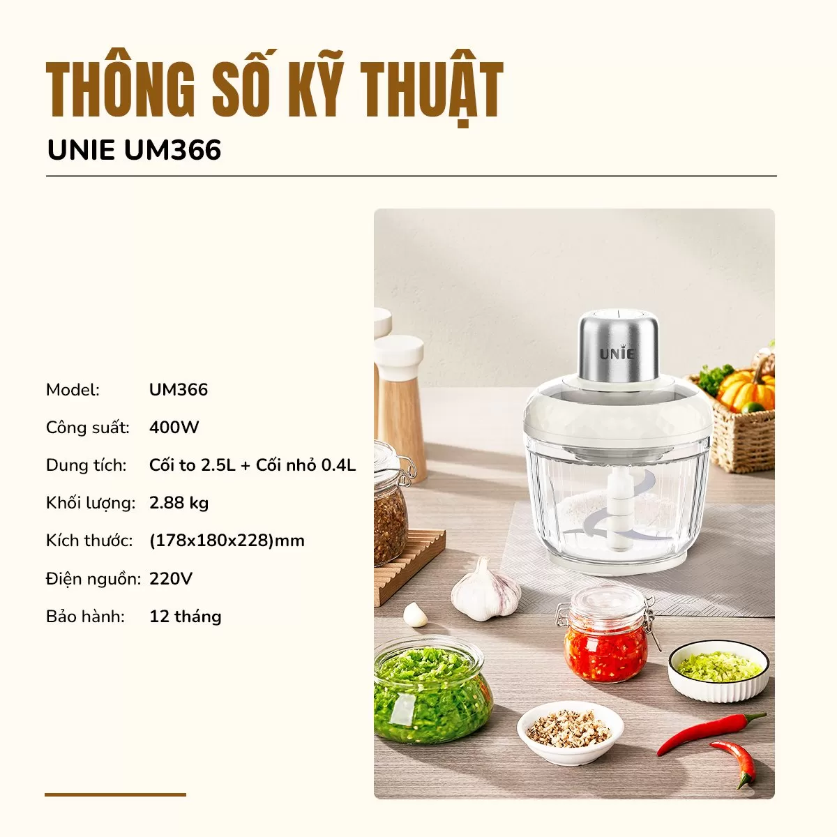 Máy xay thịt UNIE UM366 dung tích 2,5L, 2 cối xay thủy tinh tiện lợi - Ảnh 9