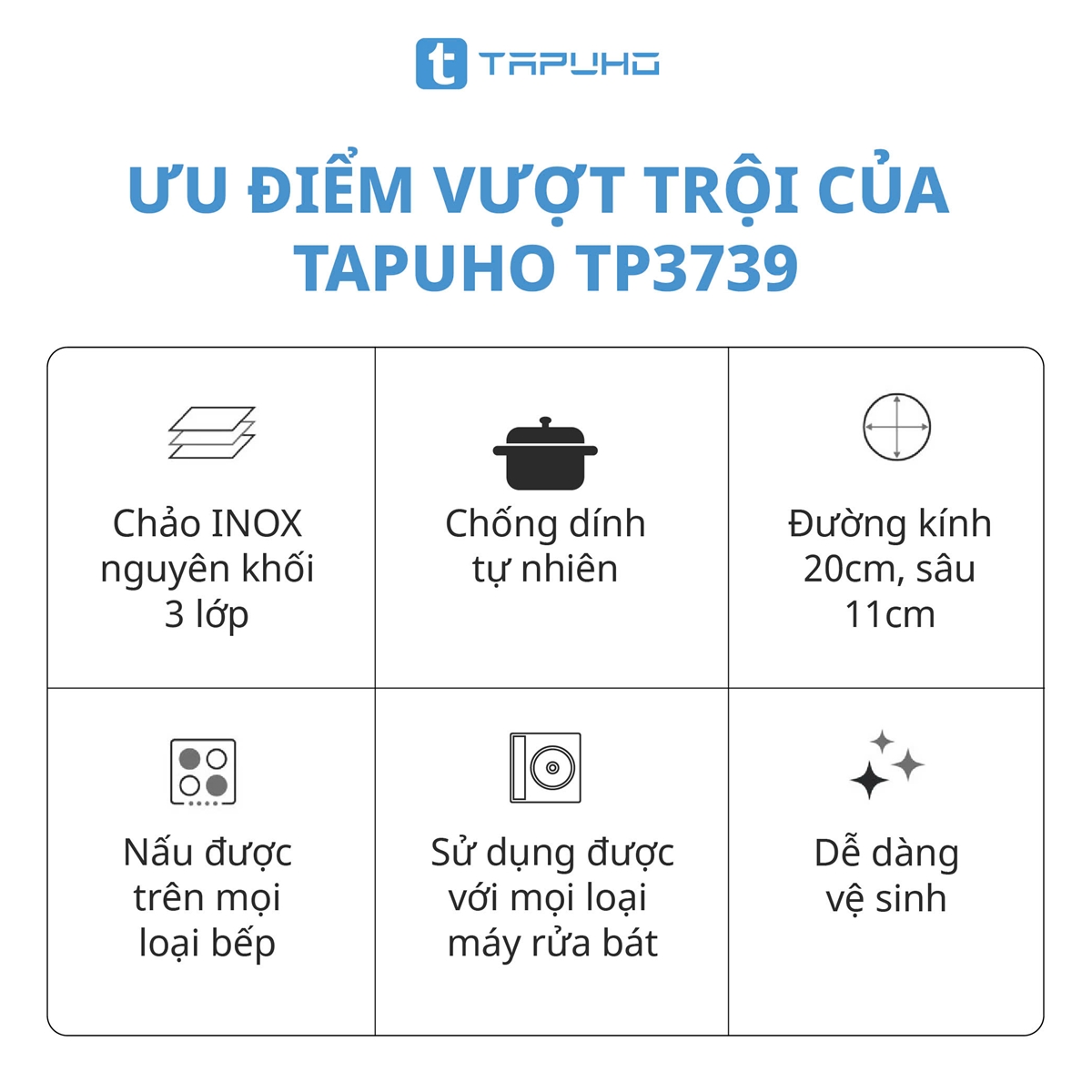 Nồi Inox Cao cấp 3 lớp liền khối TAPUHO TP3739 Chất liệu Thép không gỉ cao cấp - Ảnh 3