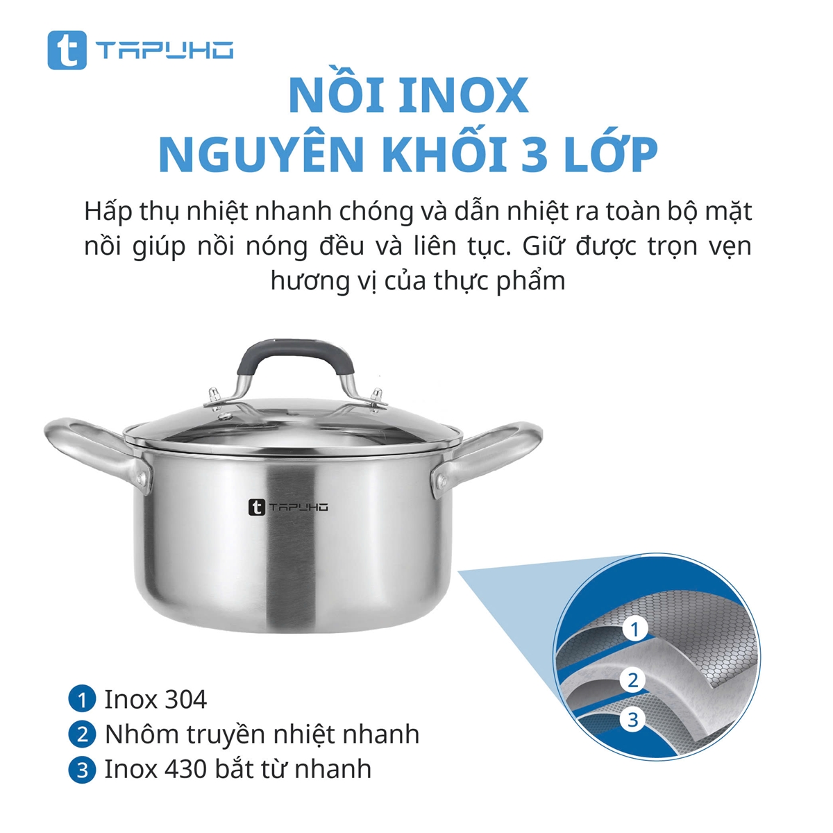 Nồi Inox Cao cấp 3 lớp liền khối TAPUHO TP3739 Chất liệu Thép không gỉ cao cấp - Ảnh 4