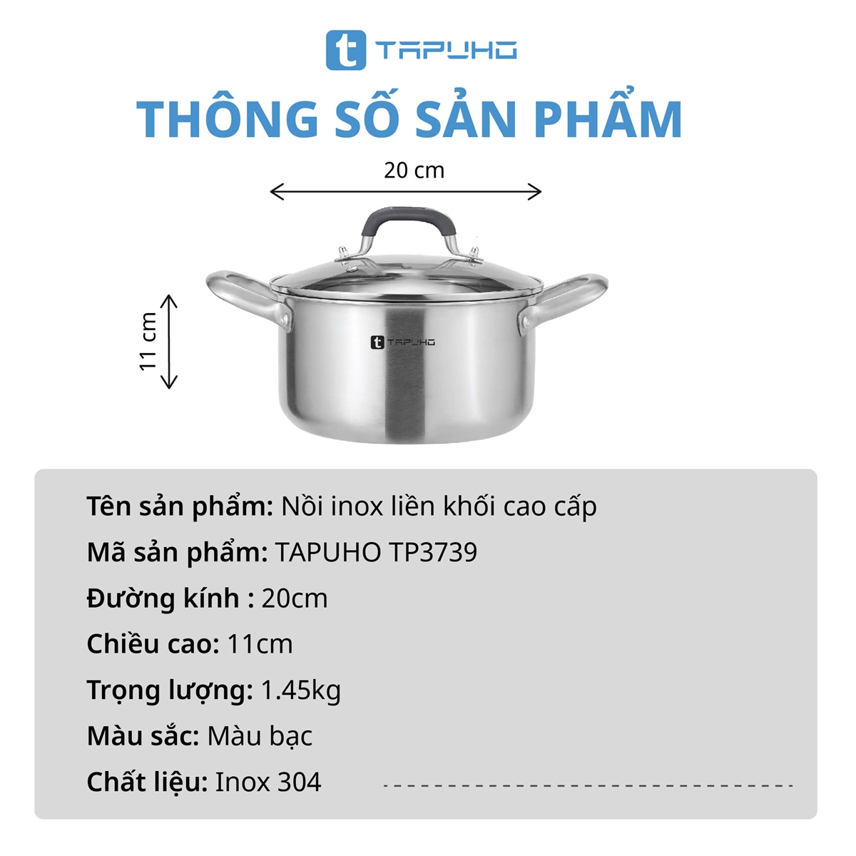 Nồi Inox Cao cấp 3 lớp liền khối TAPUHO TP3739 Chất liệu Thép không gỉ cao cấp - Ảnh 5