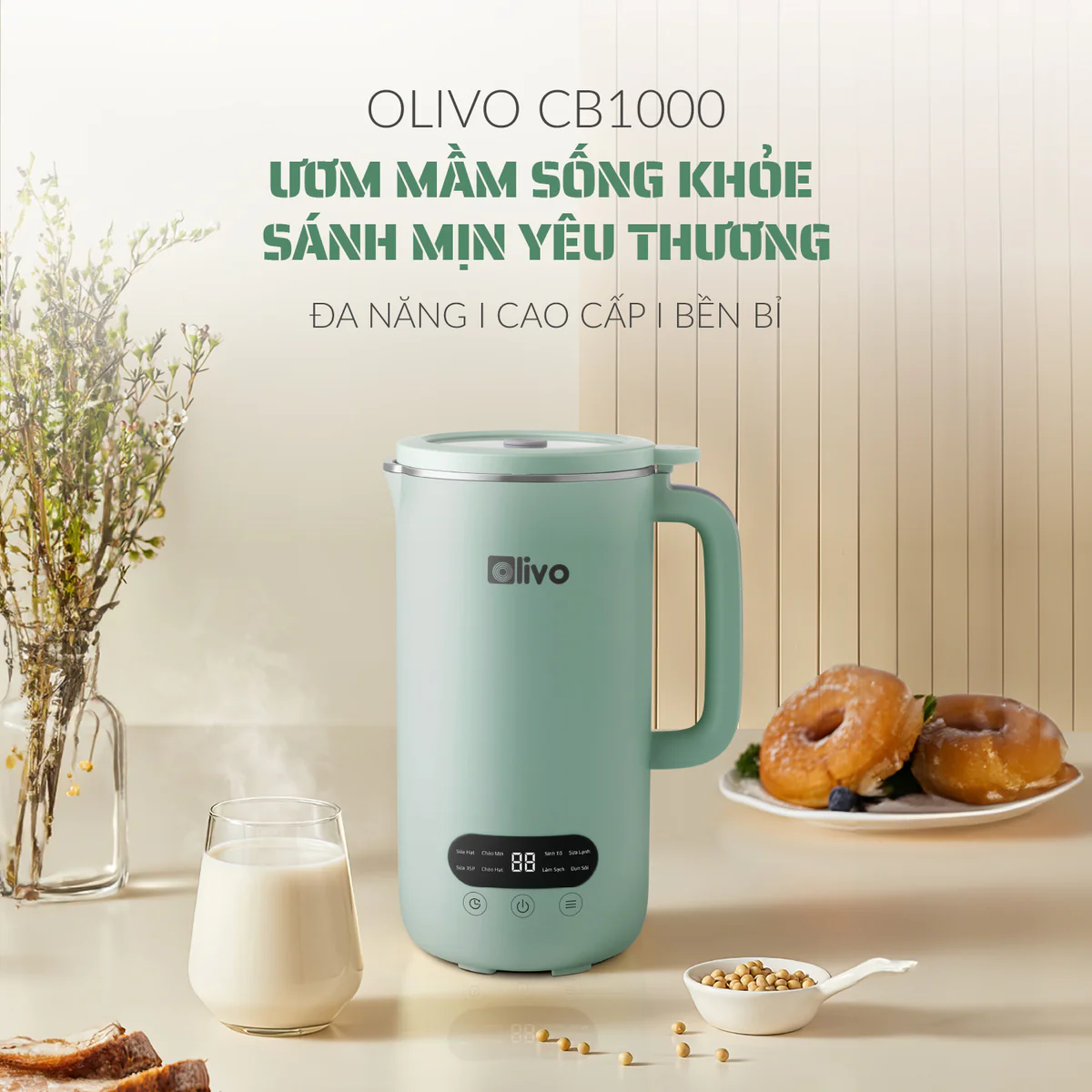 Máy Xay Nấu Đa Năng OLIVO CB1000 – Dung Tích 1L, Nắp INOX Kính Cường Lực, 9 Chế Độ, Chống Trào Tuyệt Đối - Ảnh 2
