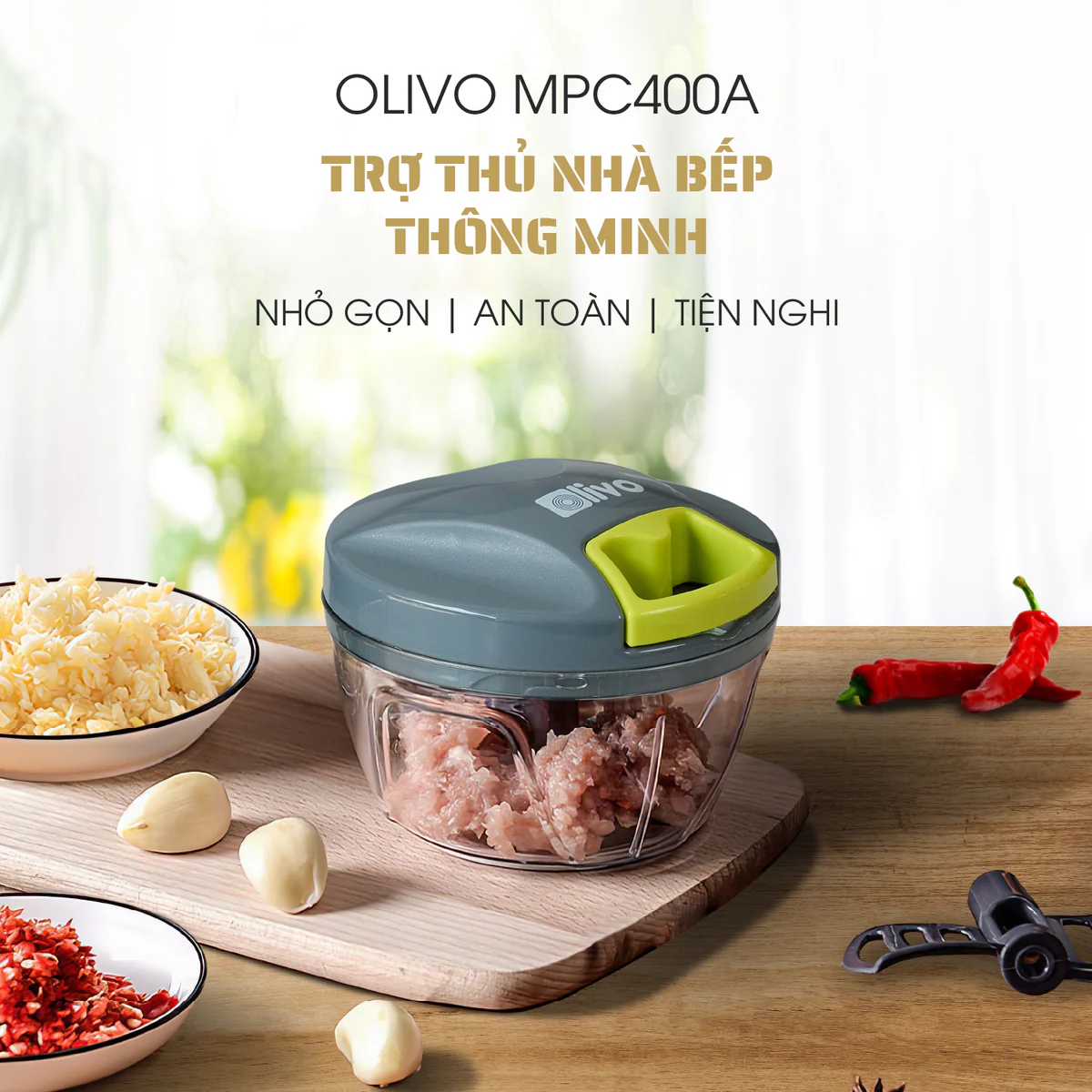 Dụng Cụ Xay Thực Phẩm Mini OLIVO MPC400A – Xay Tỏi Ớt, Xay Thịt, Xay Hạt, Dung Tích 400ML, Dây Kéo Chắc Chắn - Ảnh 2
