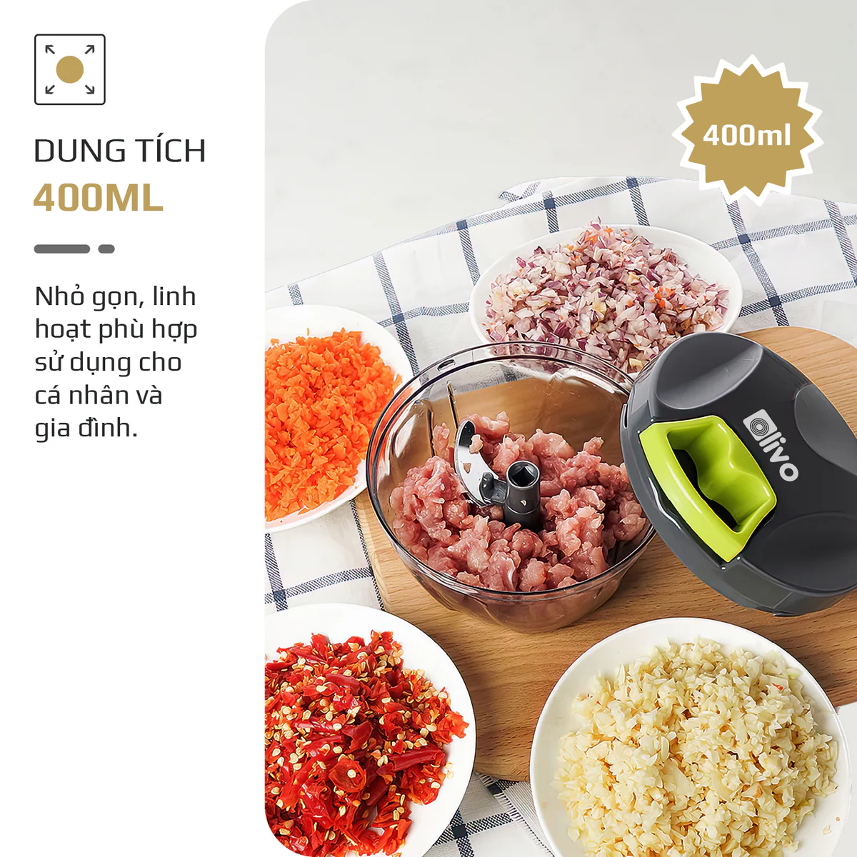 Dụng Cụ Xay Thực Phẩm Mini OLIVO MPC400A – Xay Tỏi Ớt, Xay Thịt, Xay Hạt, Dung Tích 400ML, Dây Kéo Chắc Chắn - Ảnh 7