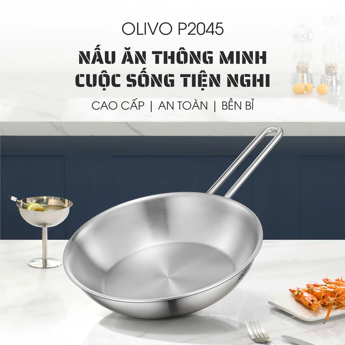 CHẢO INOX OLIVO P2045 – Chống Dính Tự Nhiên, Đáy 3 Lớp, Dùng Mọi Loại Bếp - Ảnh 2