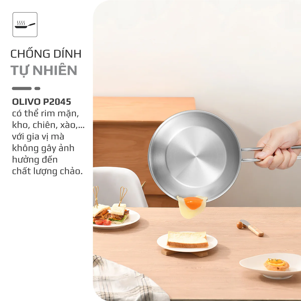 CHẢO INOX OLIVO P2045 – Chống Dính Tự Nhiên, Đáy 3 Lớp, Dùng Mọi Loại Bếp - Ảnh 6