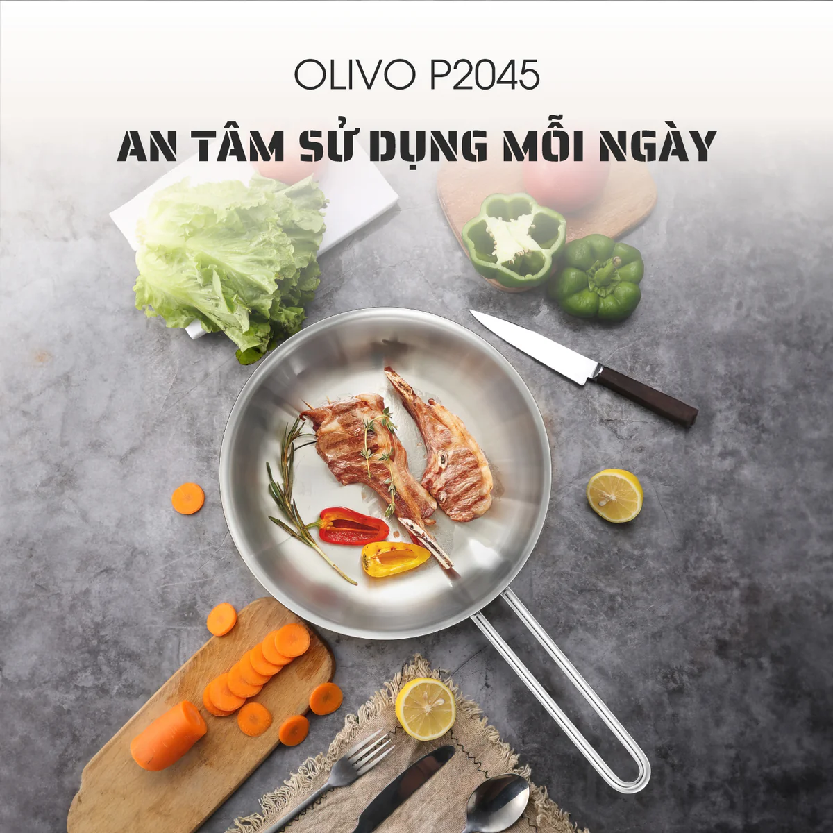 CHẢO INOX OLIVO P2045 – Chống Dính Tự Nhiên, Đáy 3 Lớp, Dùng Mọi Loại Bếp - Ảnh 9