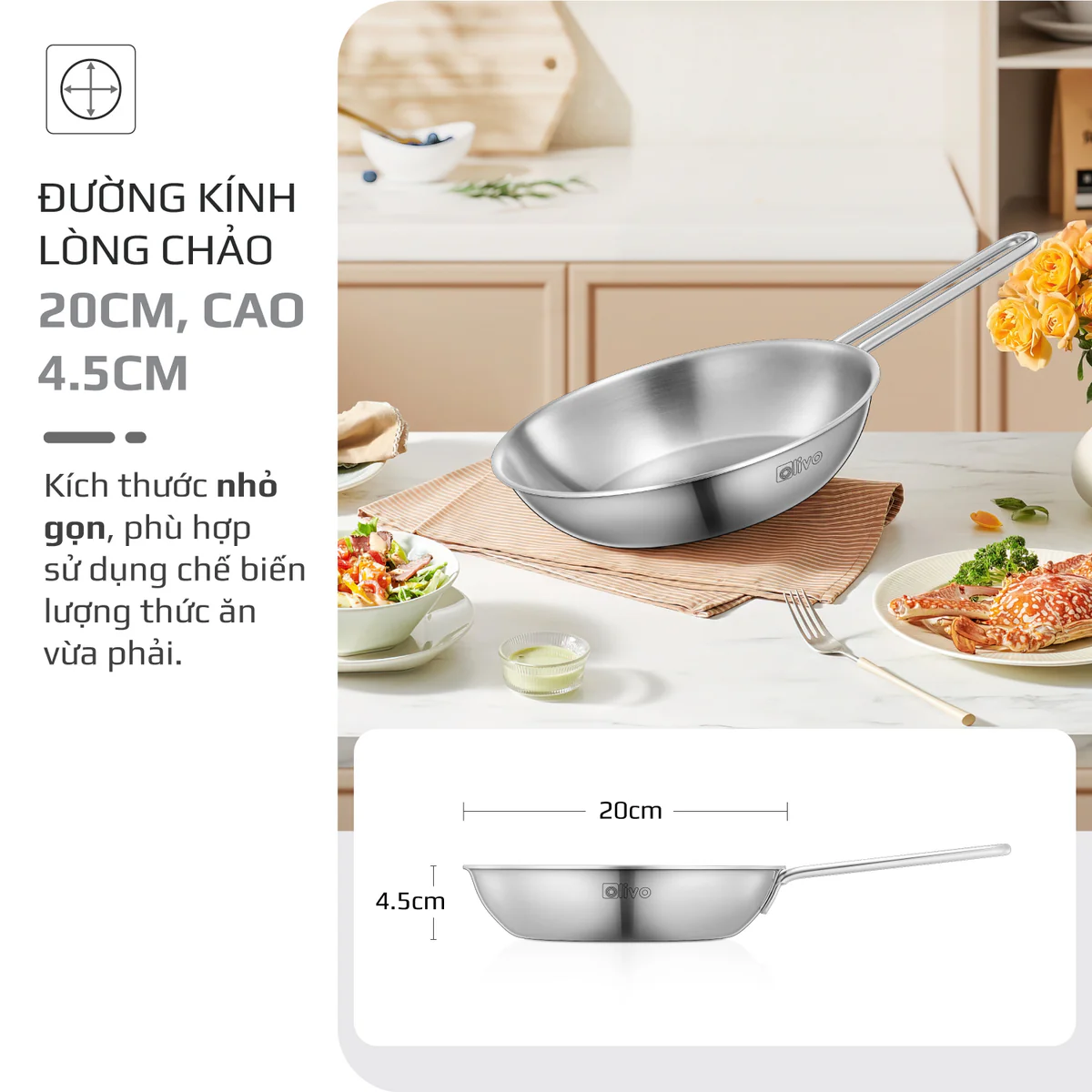 CHẢO INOX OLIVO P2045 – Chống Dính Tự Nhiên, Đáy 3 Lớp, Dùng Mọi Loại Bếp - Ảnh 10