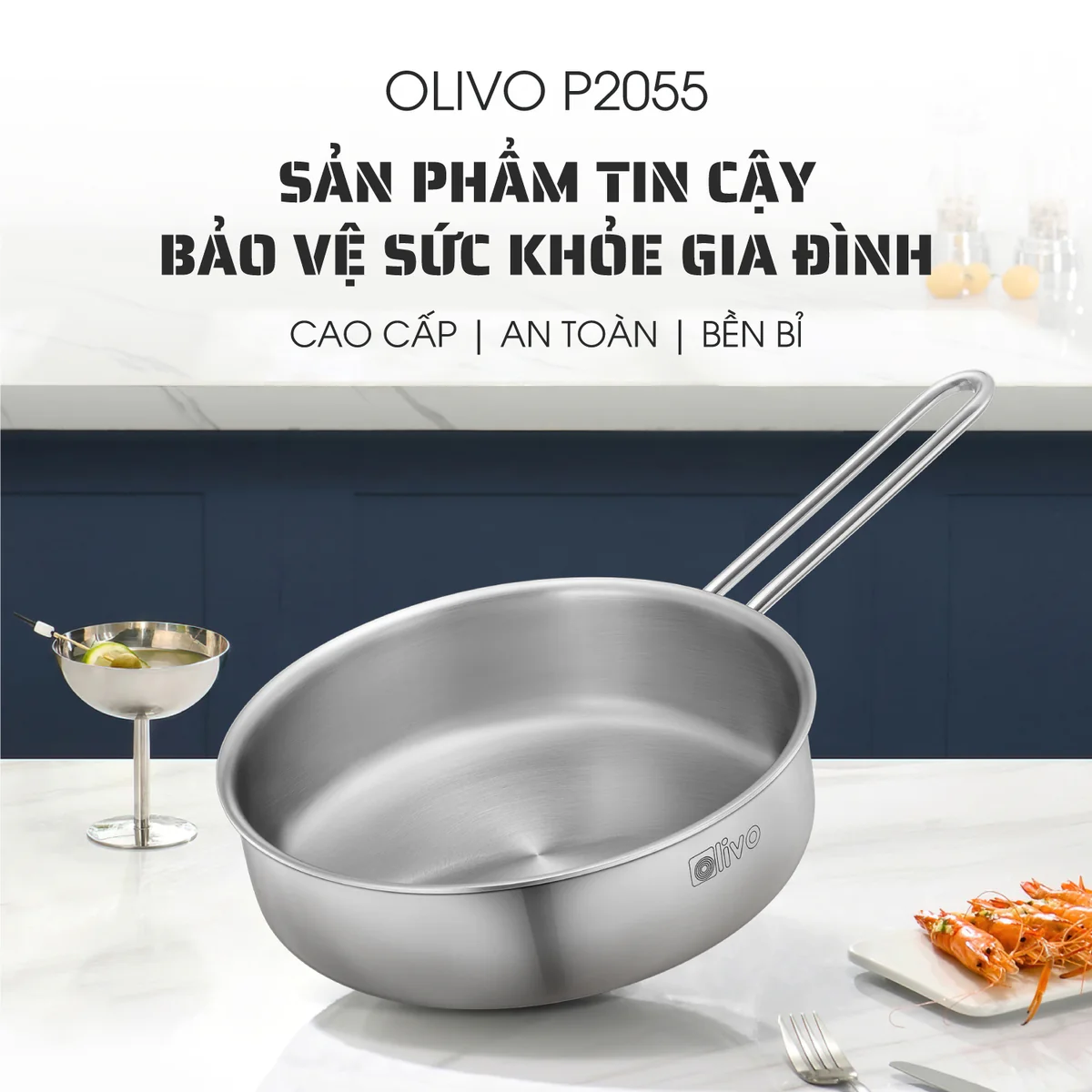 Chảo Inox OLIVO P2055 – Chống Dính Tự Nhiên, Dùng Mọi Loại Bếp, 20cm - Ảnh 2
