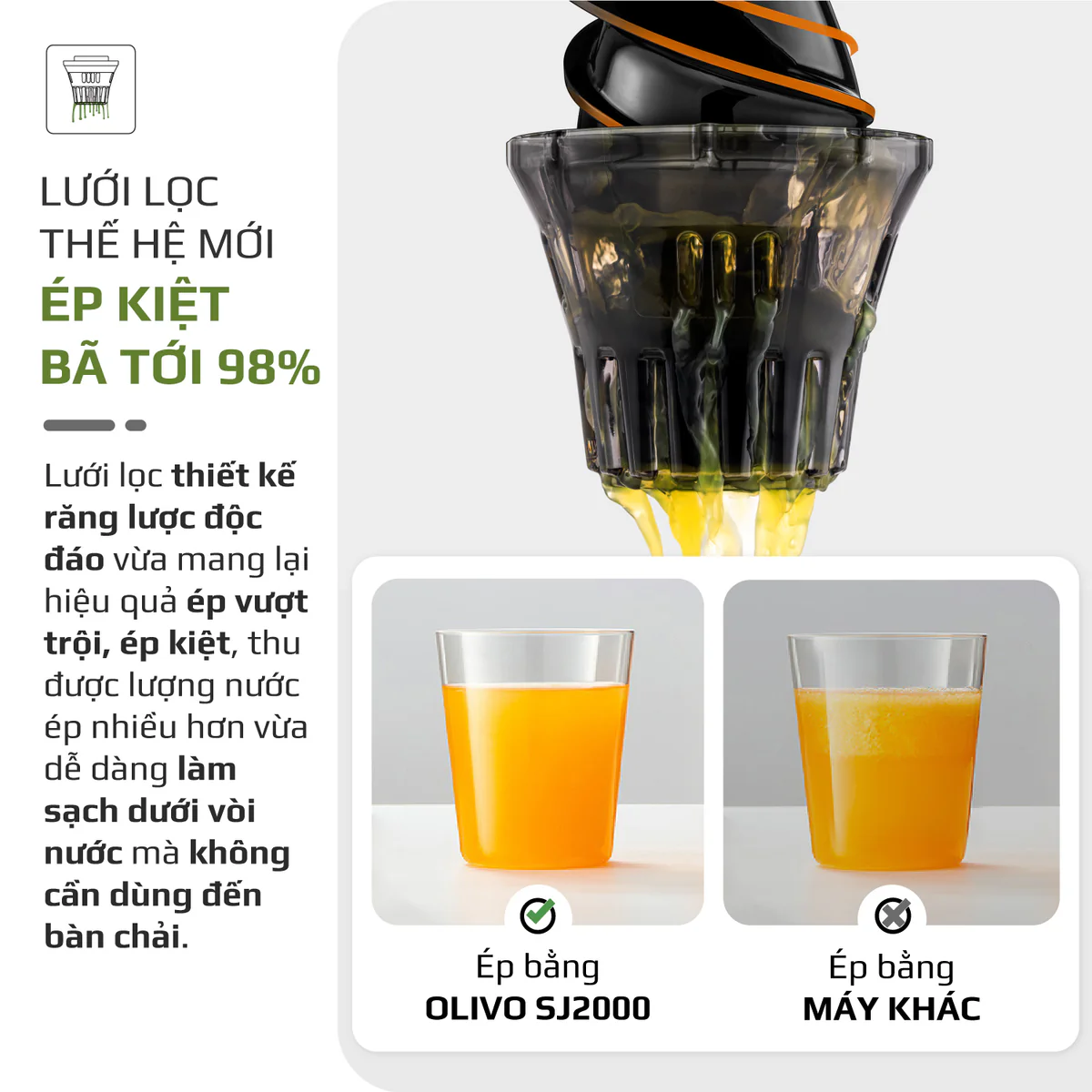 Máy Ép Chậm OLIVO SJ2000 – Khoang Tiếp Lớn, Củ Ép Lưỡi Cắt Thông Minh, Thiết Kế Sang Trọng - Ảnh 10