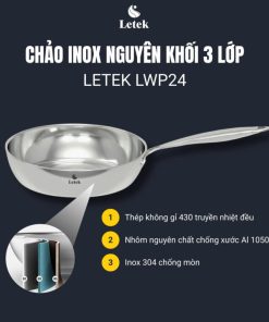 Chảo sâu lòng inox nguyên khối Letek LWP24 – công nghệ Nano Nhiệt lạnh, chống dính tự thân size 24cm, sâu 8cm, nấu được trên mọi loại bếp